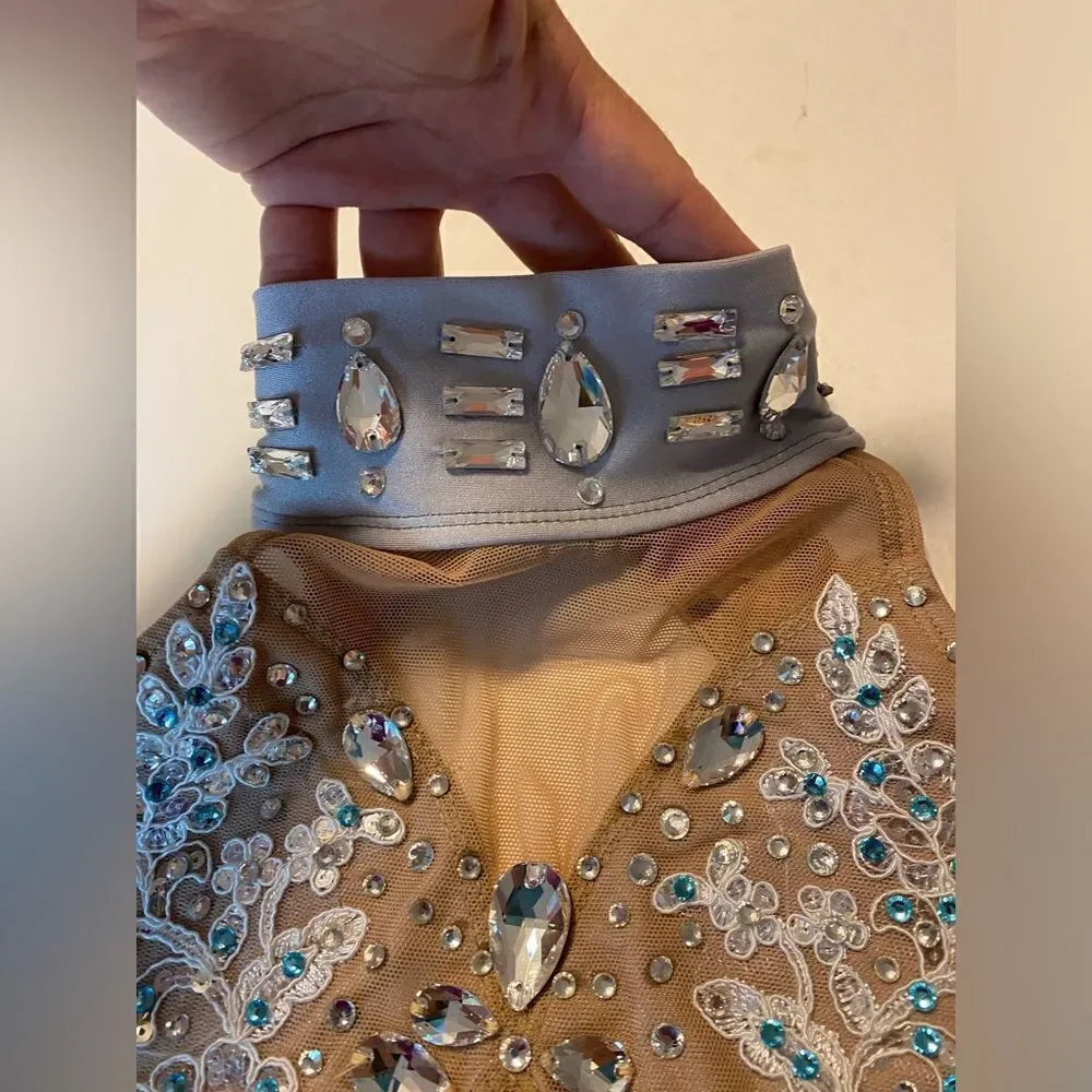 Patrick J designs dance costume silver gray nude illusion rhinestoned leotard CM